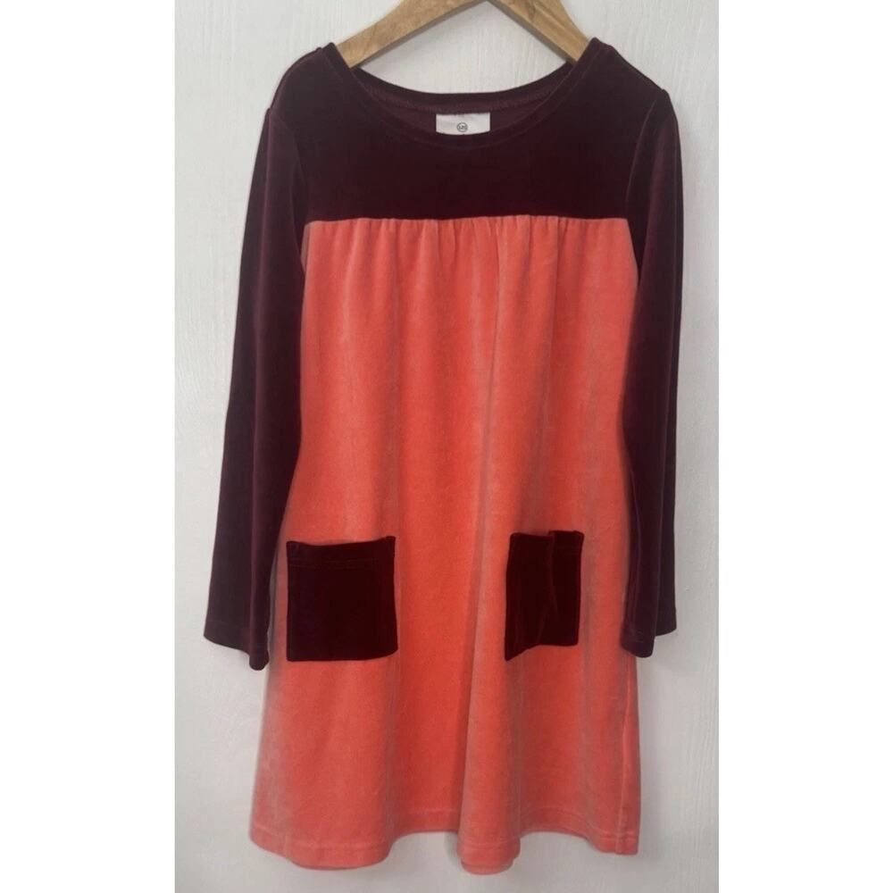 Hanna Andersson Dress Girls Size 6/7 Wine Peach Velour long Sleeve Knee Length